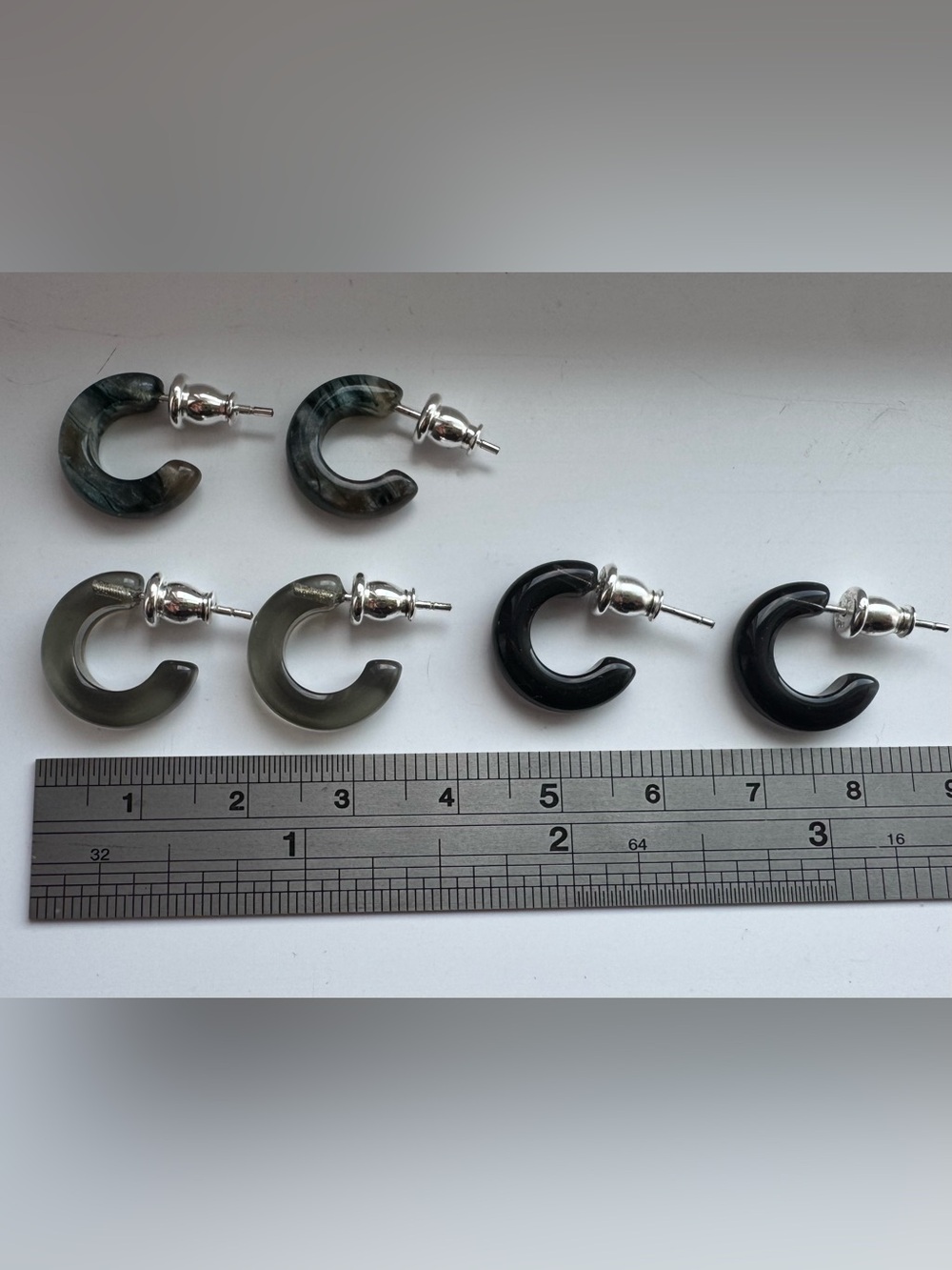 Set of 3 Small acetate huggie Hoop Stud Earrings in Black and Gray / Goth core